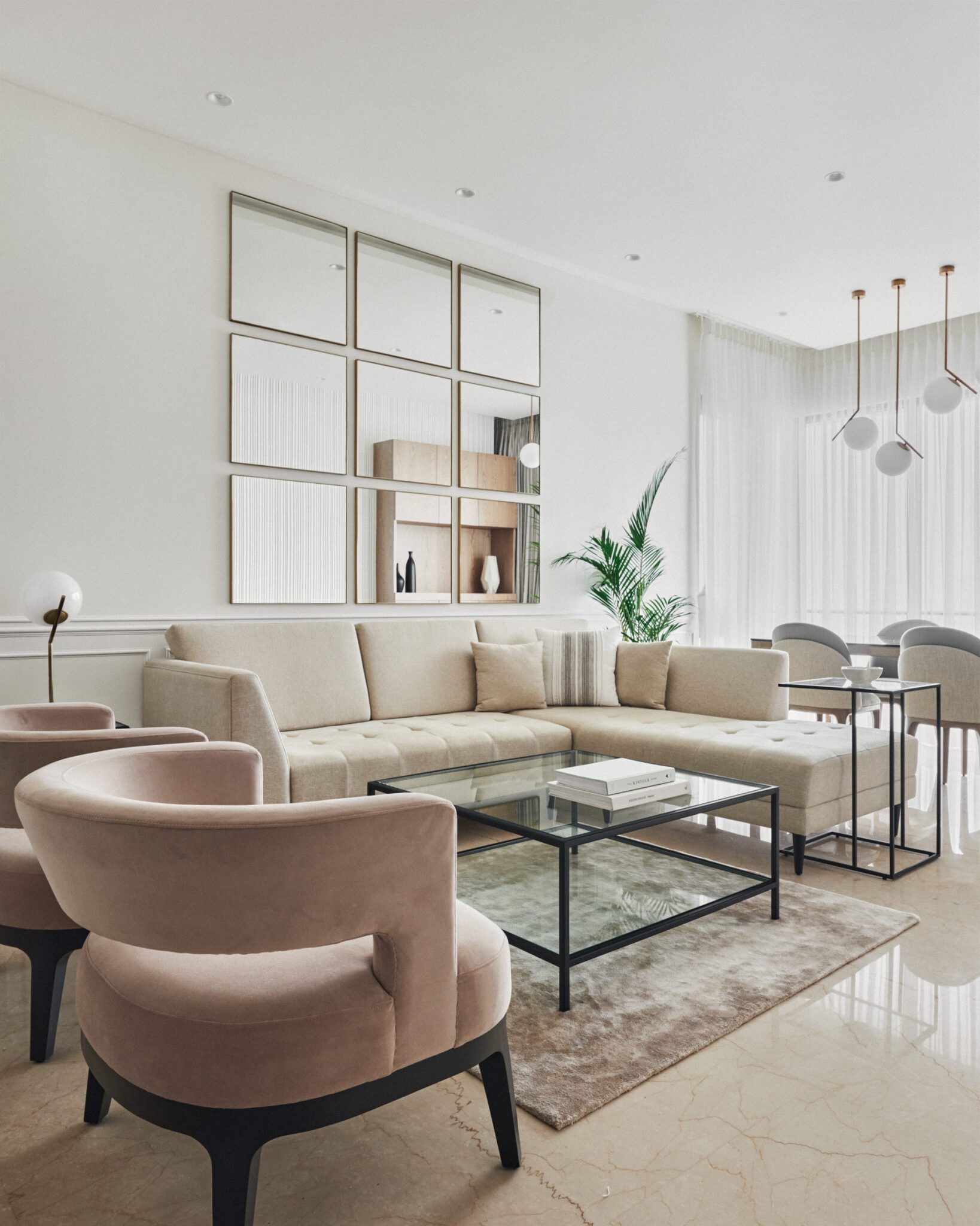 A poetic embodiment of contemporary minimalism engages in a dialogue with timeless maximalism within the confines of a Mumbai residence meticulously crafted by the talented designer Aashni Kumar — interior design by featured studio in India